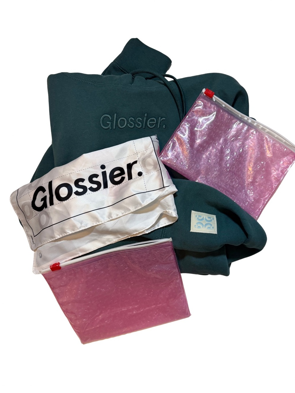 Glossier Green Hoodie Merch Bundle with 2 Pouches Pink Headband Scarf